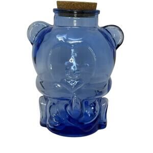Vintage Morning Glory Babu Bear Blue Jar With Cork - 6”